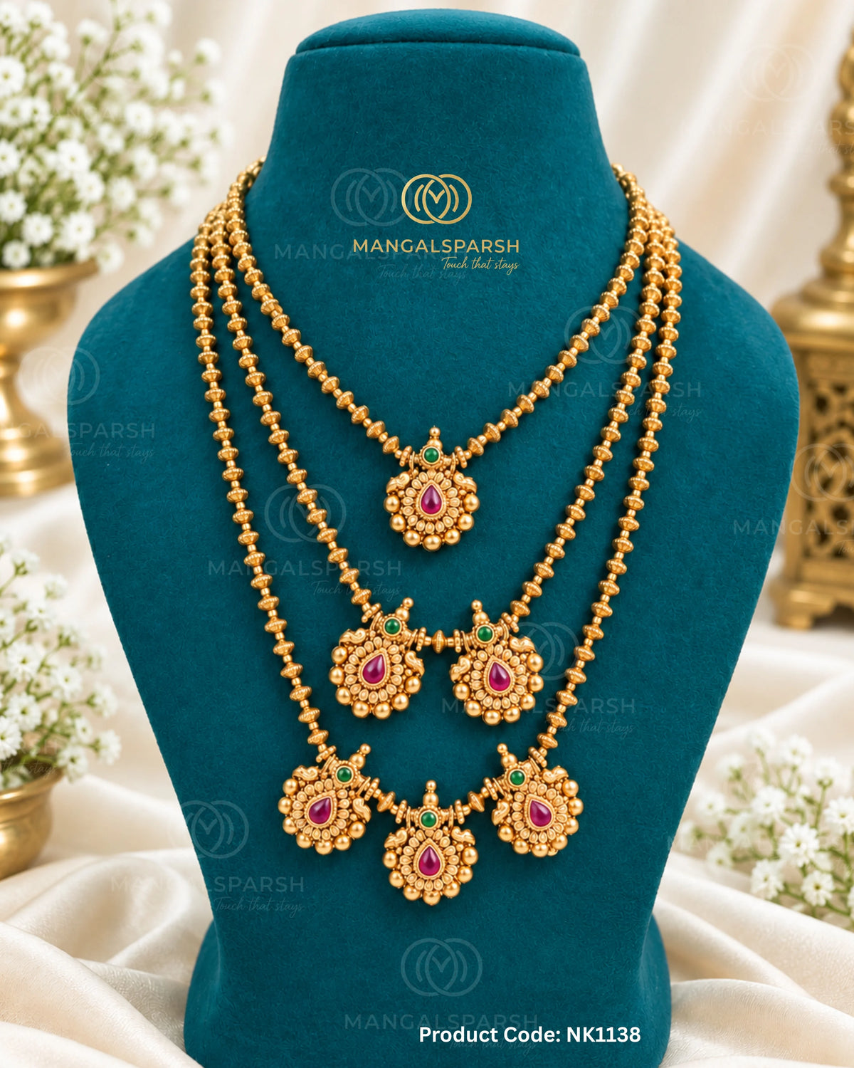3 layer gol mani haar with ruby padak pendants - Mangalsparsh NK1138