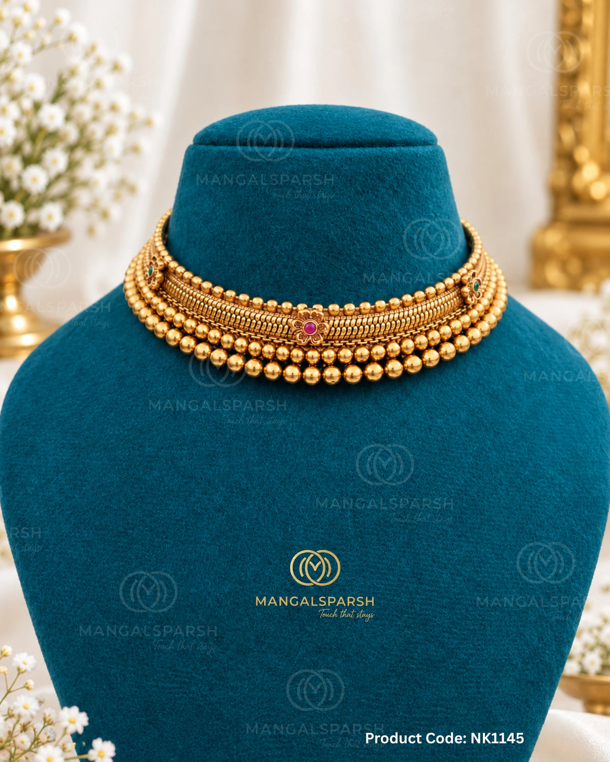 Antique gold mani layered choker with ruby flower - Mangalsparsh NK1145
