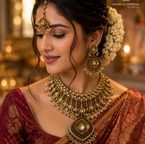 Bridal necklace set with maang tikka and earrings