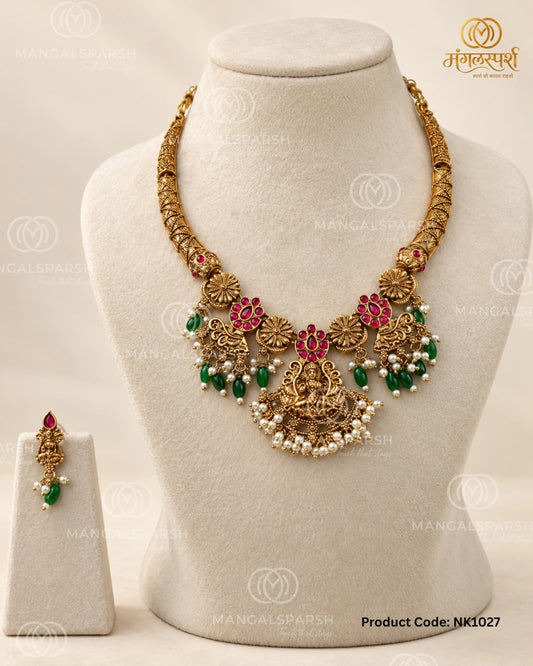 Lakshmi kundan pearl temple necklace set - Mangalsparsh NK1027