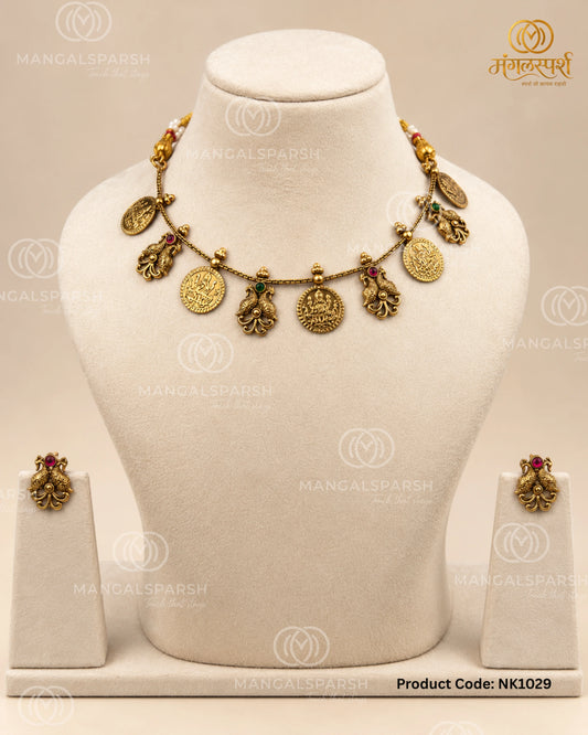Laxmi coin peacock charm necklace set - Mangalsparsh NK1029