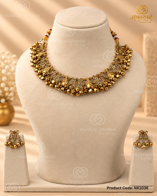 Antique ghungroo leaf choker necklace set - Mangalsparsh NK1036