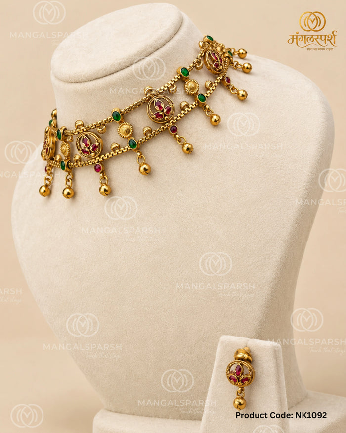 Antique Gold 2 Layer Lotus Choker Necklace Set with Ruby Green Stones