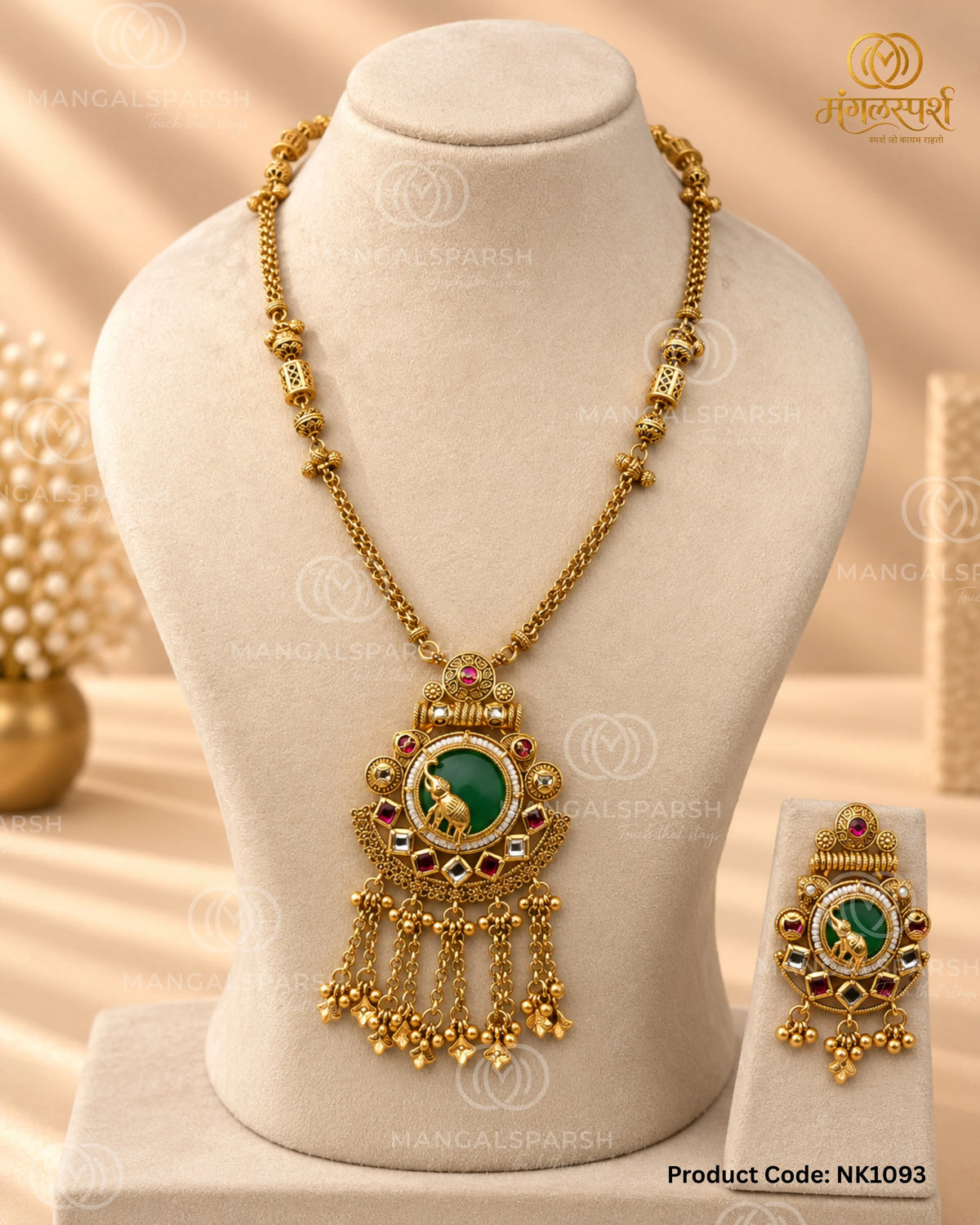 Rajwadi Style Pendant Necklace Set with Monalisa Stone