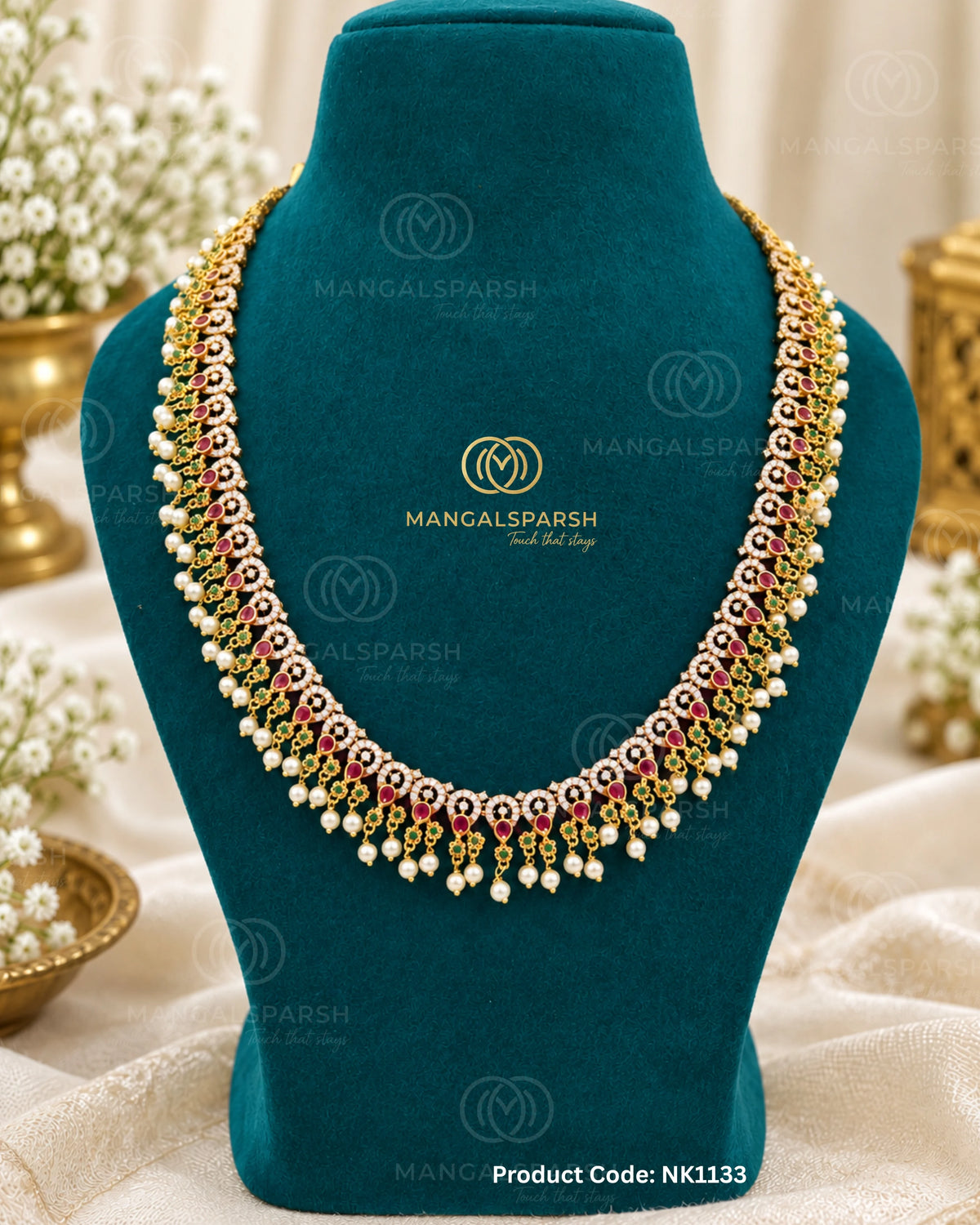 American diamond ruby green long necklace with pearl drops - Mangalsparsh NK1133