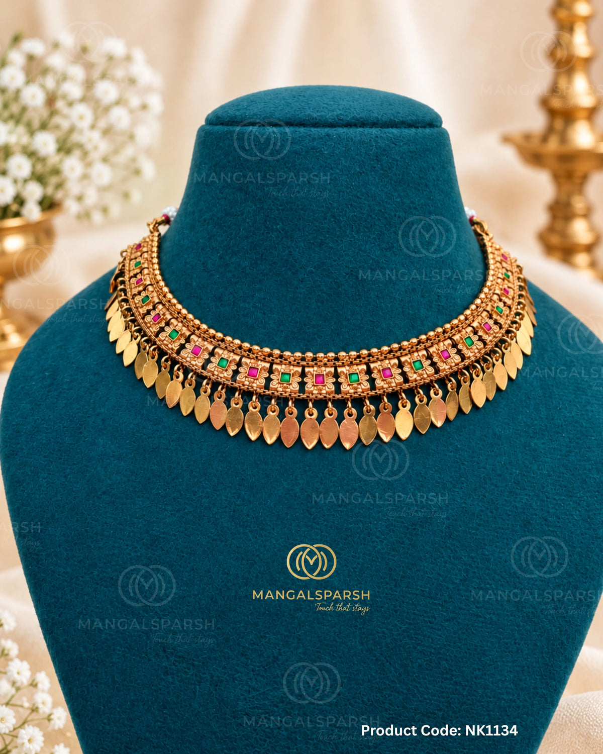 Lal hirva pan jhalar necklace - Mangalsparsh NK1134