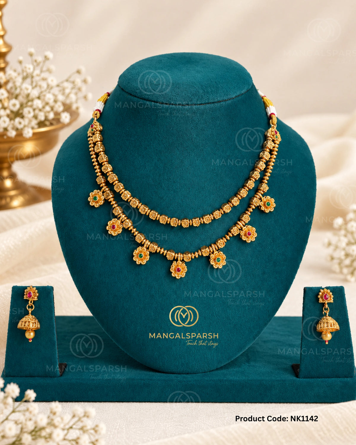 2 layer phool drop necklace set with jhumka earrings - Mangalsparsh NK1142