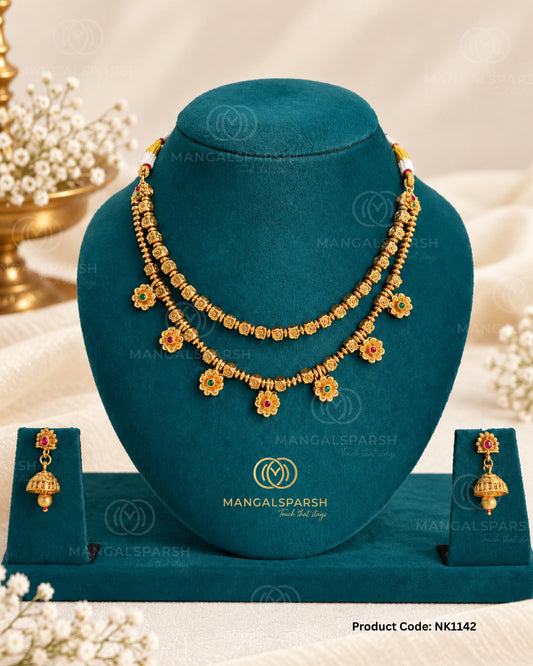 2 layer phool drop necklace set with jhumka earrings - Mangalsparsh NK1142