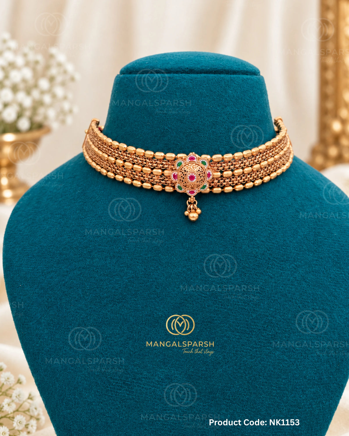 Javmani choker with ruby flower pendant - Mangalsparsh NK1153